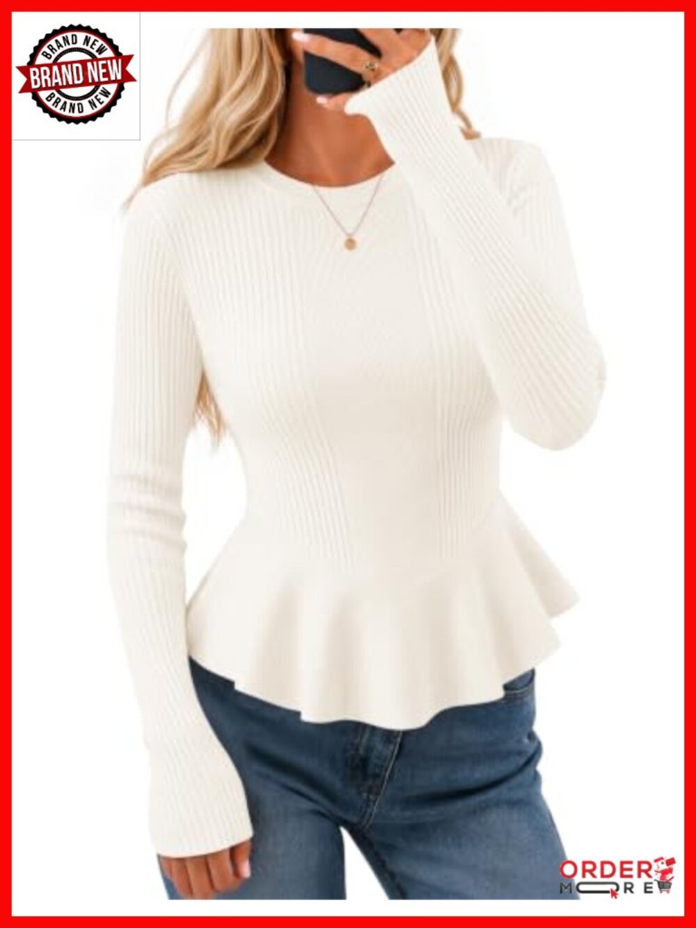 Ruffle Peplum Sweater Cropped Pullover Ribbed Knit Slim Fit Crewneck